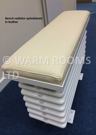 Eton & Bell Bench Radiator, finished in RAL9010 Pure White and customers upholstered leather seat